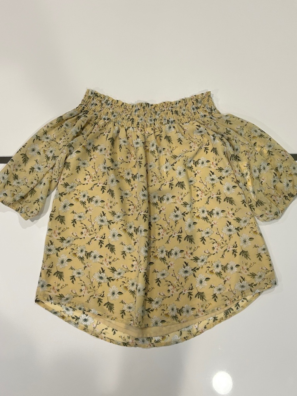 Breezy Leaf Print on Yellow Background Elastic Neckline Short Sleeve Chiffon Top